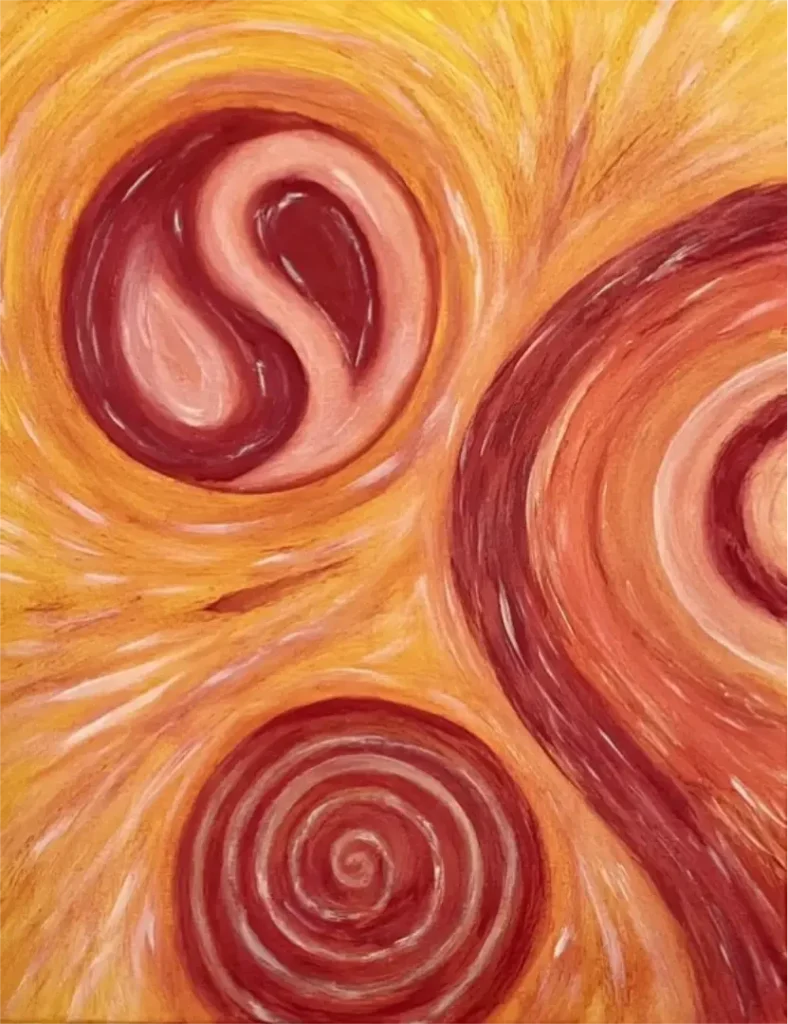 Energiebild Finde deine Balance, rote Kreiselemente auf gelben Hintergrund