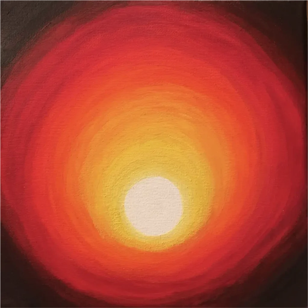 Energiebild Lichttor, Farbverlauf von einem kleinen weißen Kreis mittig über gelb, orange und rot nach außen