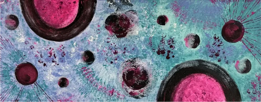 Energiebild Music on water, pink-schwarze Kreise in unterschiedlichen Größen auf türkis-farbigen Hintergrund
