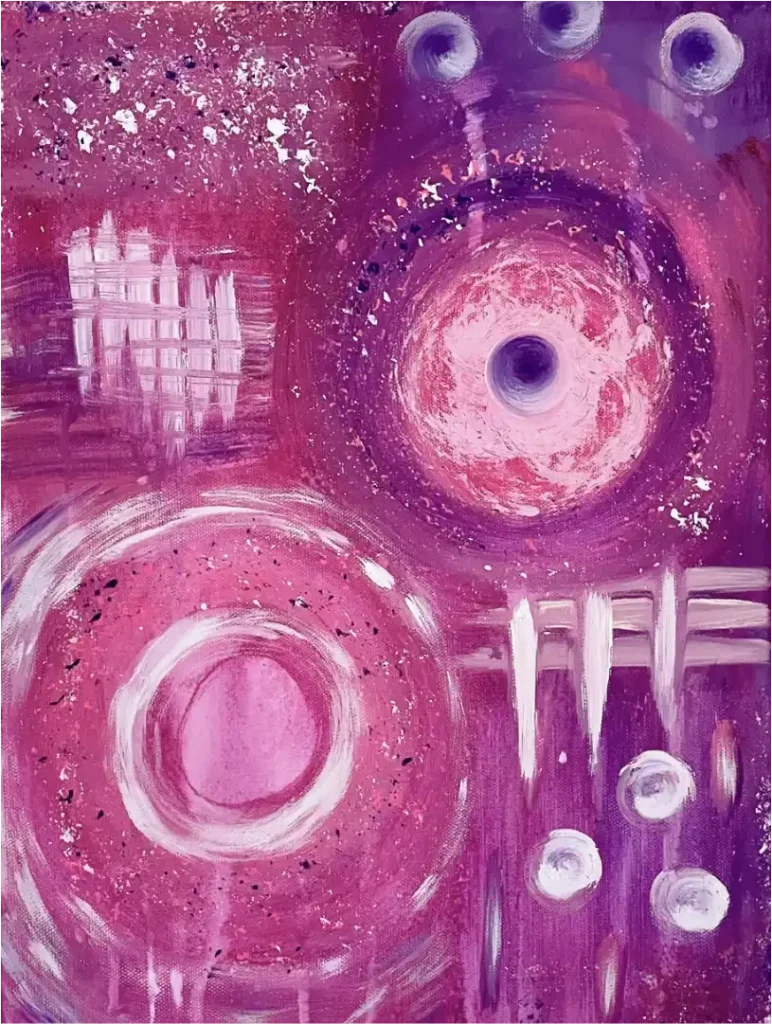 Energiebild Polarlicht, helle Kreise und Striche auf pink-lila Hintergrund