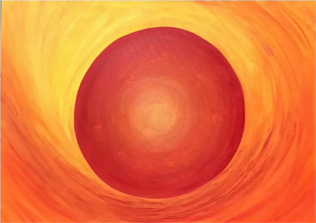 Energiebild Rote Sonne, großer, roter Kreis mit gelb-orangen Hintergrund