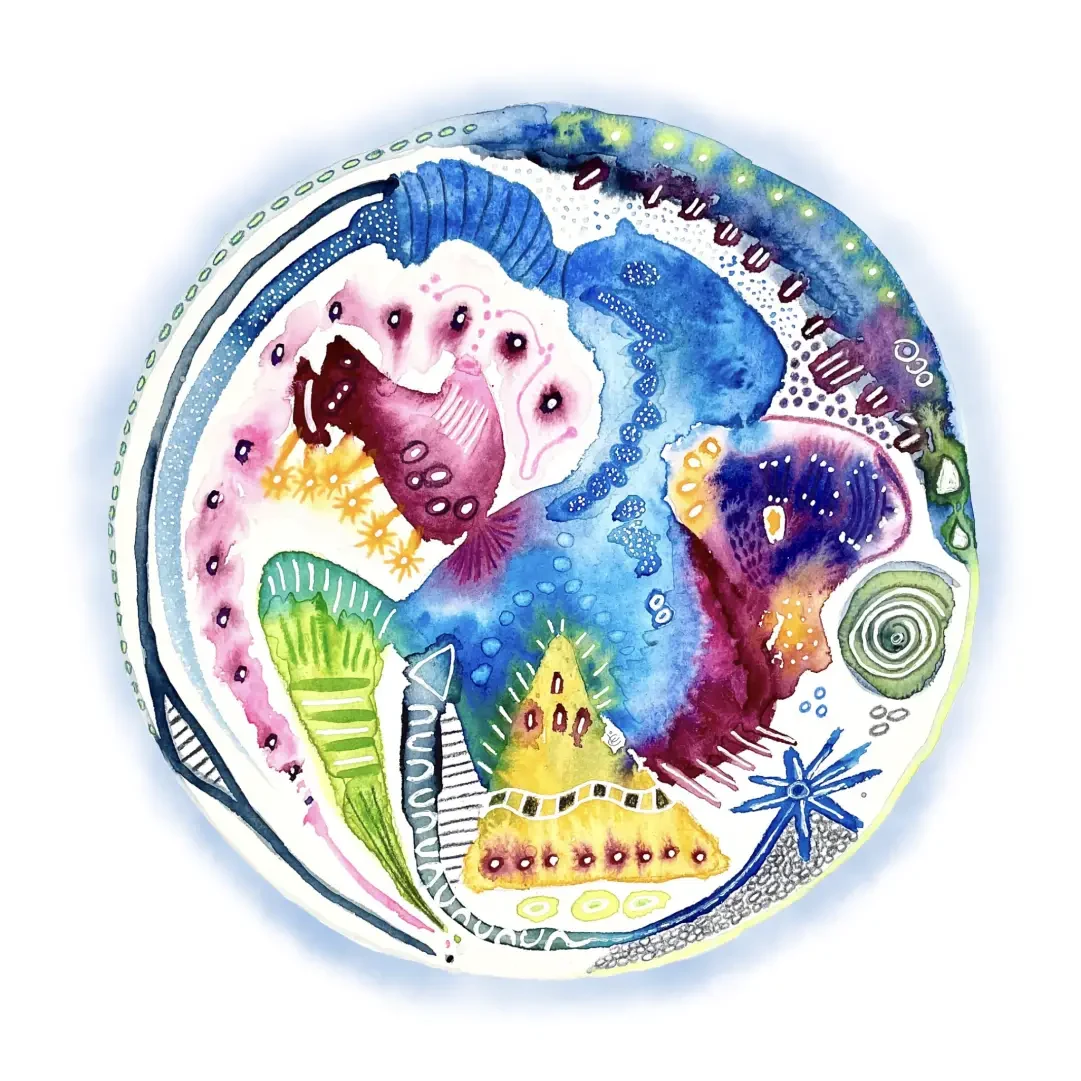 Ein farbenfrohes Kreis-Aquarell als Einblick in Christinas Bildsprache