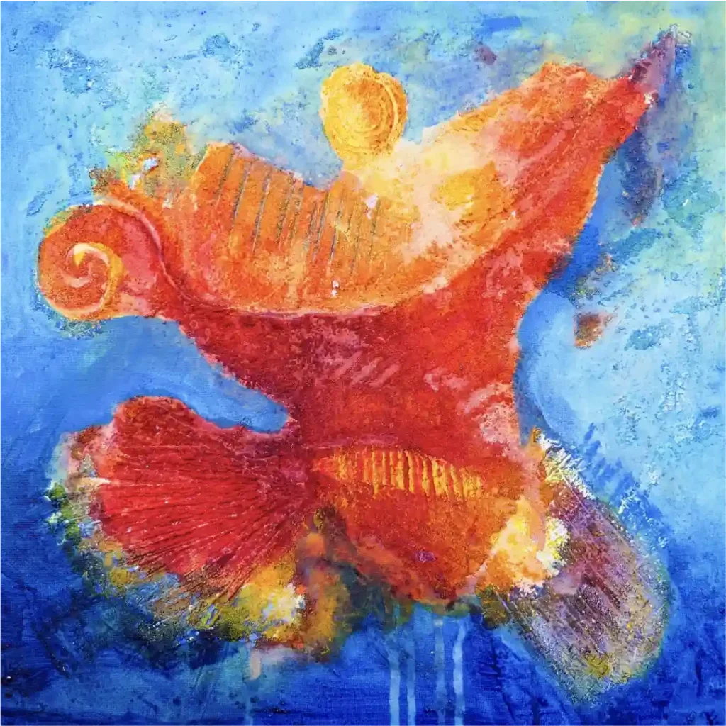 Energiebild Tänzer, orange-rote Figur auf blauem Hintergrund