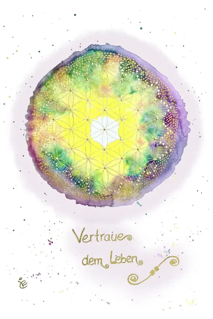 Aquarell Vertraue dem Leben, Mandala mit Farbverlauf von gelb über grün zu lila