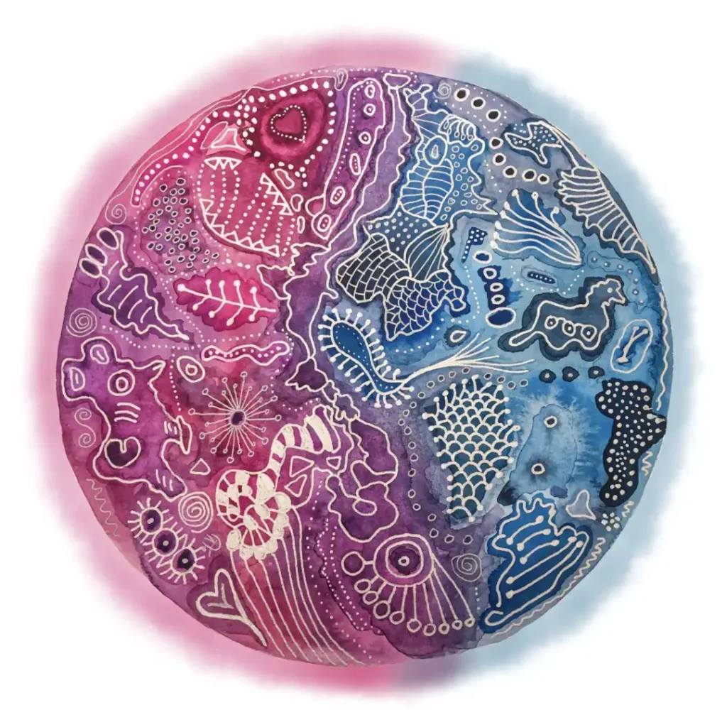 Aquarell Zelle pinkblau, ein Kreis, halb pink, halb blau, mit weißen Mustern